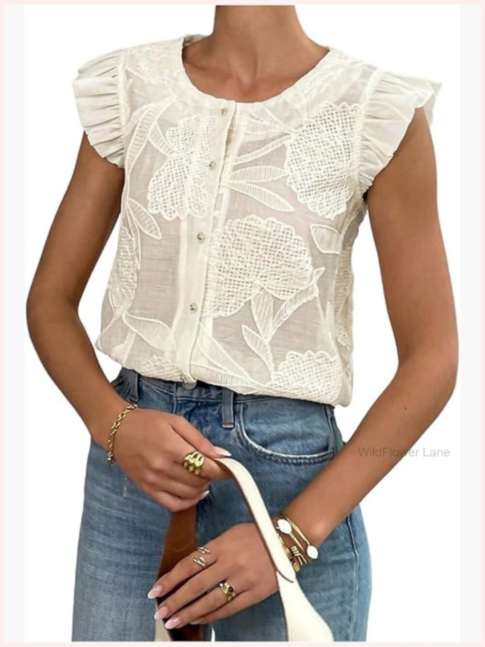Ruffle Cap Sleeve Button Down Blouse Top Crew Neck Jacquard Dressy Tunic - Picture 1 of 5